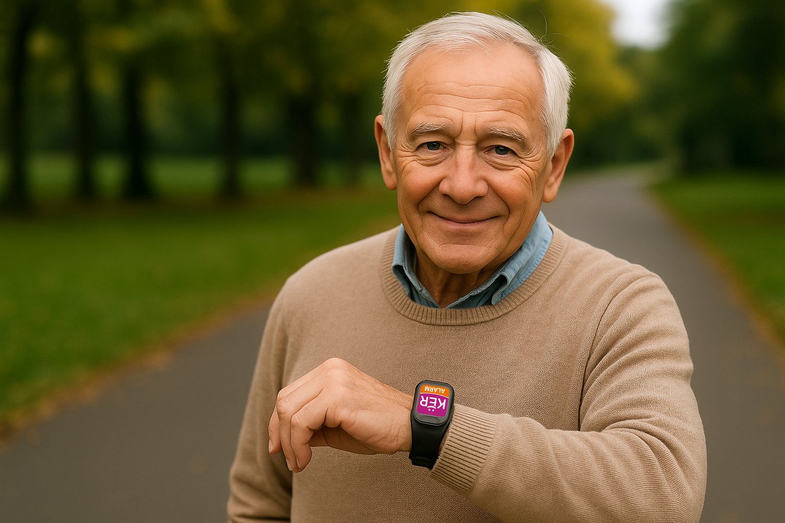Oudere man in herfstpark met smartwatch.png